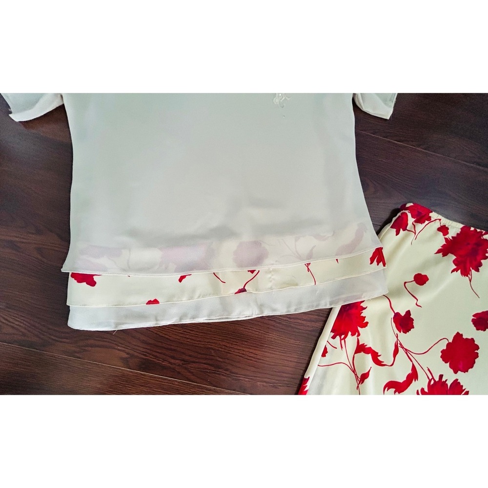 Omega Vintage 2 Piece Set Womens 2X Cream Red Floral Top and Midi Skirt USA - Picture 6 of 12